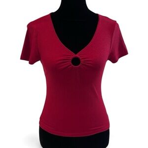 holiday bright red ribbed cinched top xs